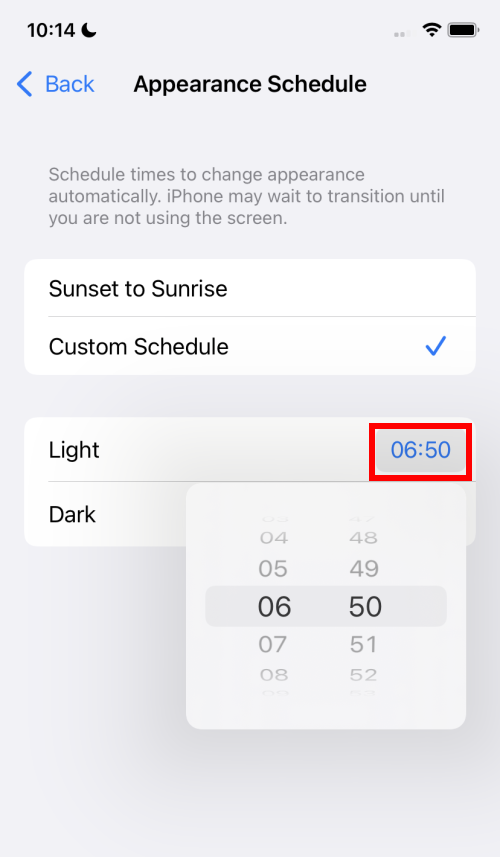 Tap Light or Dark and set a new time